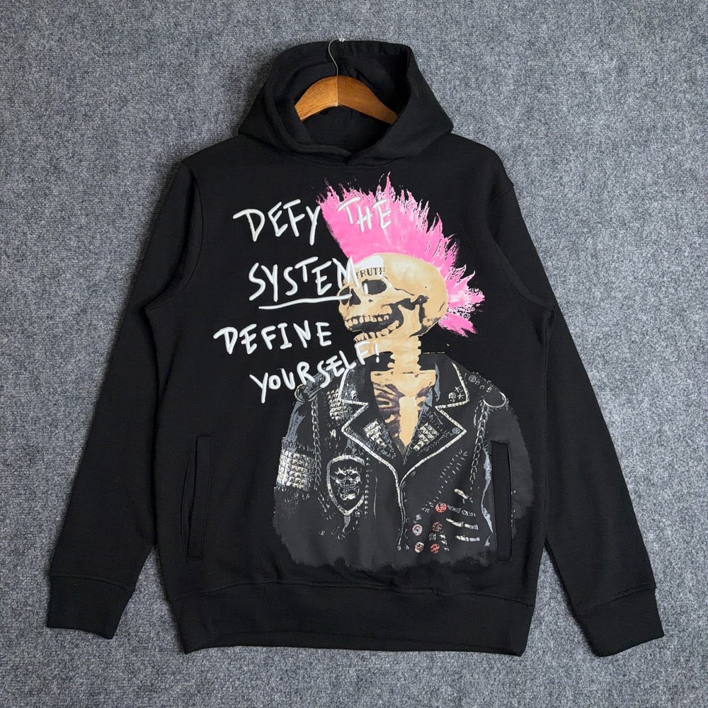 Reason Punk Skeleton Hoodie Mens Size M Goth Streetwear Graphic Sweatshirt Black - Picture 2 of 8